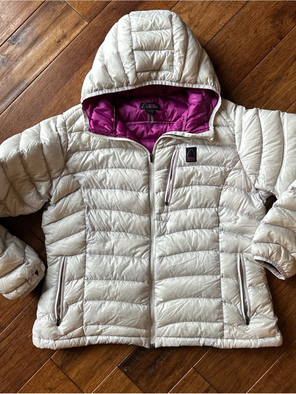 Sierra Designs Gnar Hooded Down Jacket Puffer White Women’s XL Purple Quilted